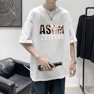 T1543P25港风英伦印花圆领T恤男加大加肥港风模特男士宽松T恤图片