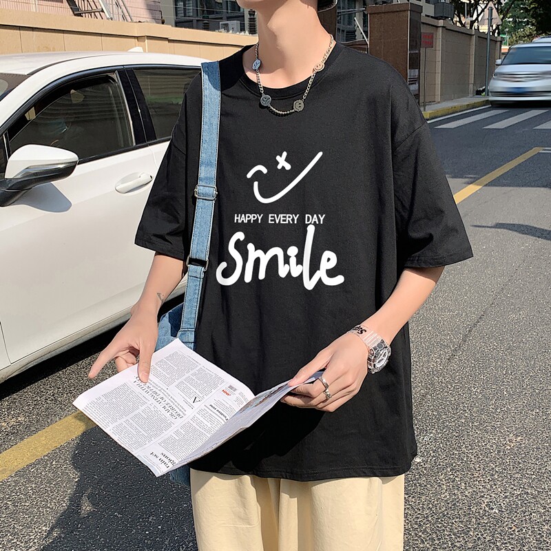T1794P25港风室外纯棉2021男线条笑脸英文印花短袖T恤宽松T恤,男装T恤,星座510A-1