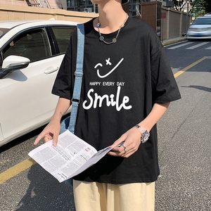 T1794P25港风室外纯棉2021男线条笑脸英文印花短袖T恤宽松T恤图片