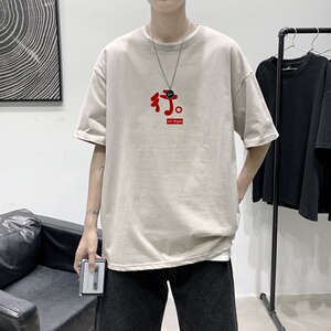 T2285P25港风室内男士潮牌潮流夏季薄款大码宽松圆领五分半袖体恤图片
