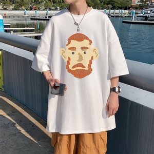 T3674已爆 男港风T恤克莱因蓝T圆领卡通印花T恤落肩款宽松T恤图片