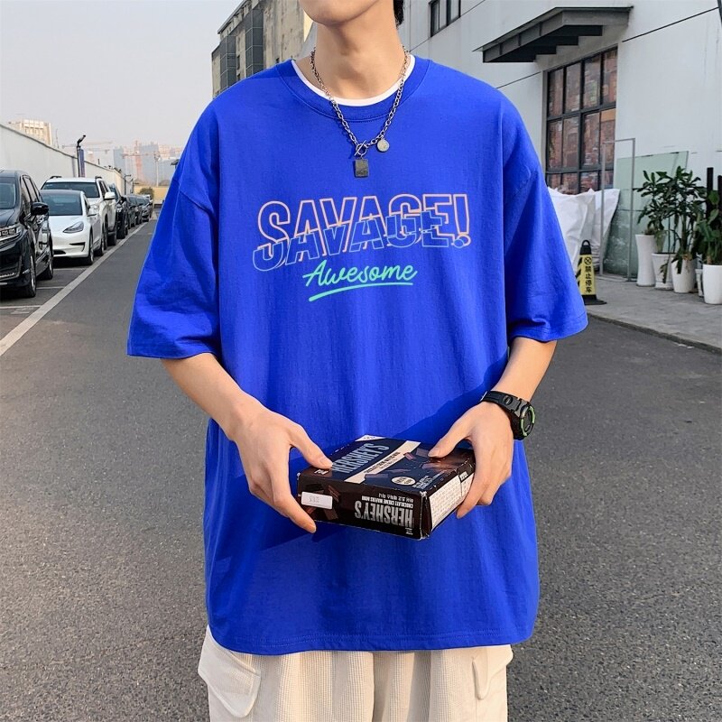 T3353仓库一件起正常配送中男港风T恤落肩款宽松T恤克莱因蓝T,男装T恤,星座510A-1