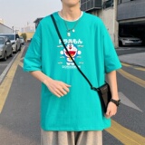 T3464男港风T恤落肩款宽松T恤克莱因蓝T圆领日系卡通印花T恤，男装T恤，星座510A-1