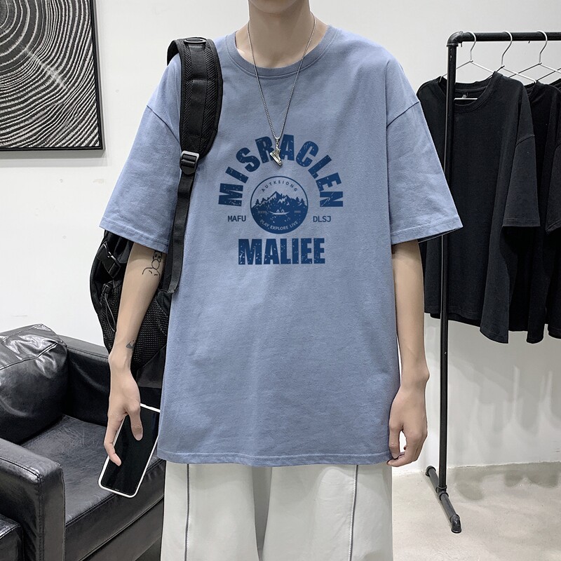 T1758P25 港风100%棉2022新款短袖T恤男简约字母印花青春休闲T恤图片