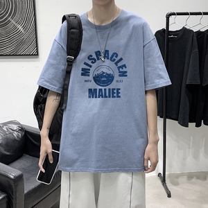 T1758P25港风100%棉2022新款短袖T恤男简约字母印花青春休闲T恤