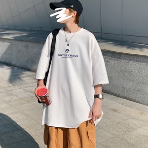 T3468港风T恤落肩款宽松T恤克莱因蓝T圆领T恤男英文印花,黑色腰带衣服搭配图片图片