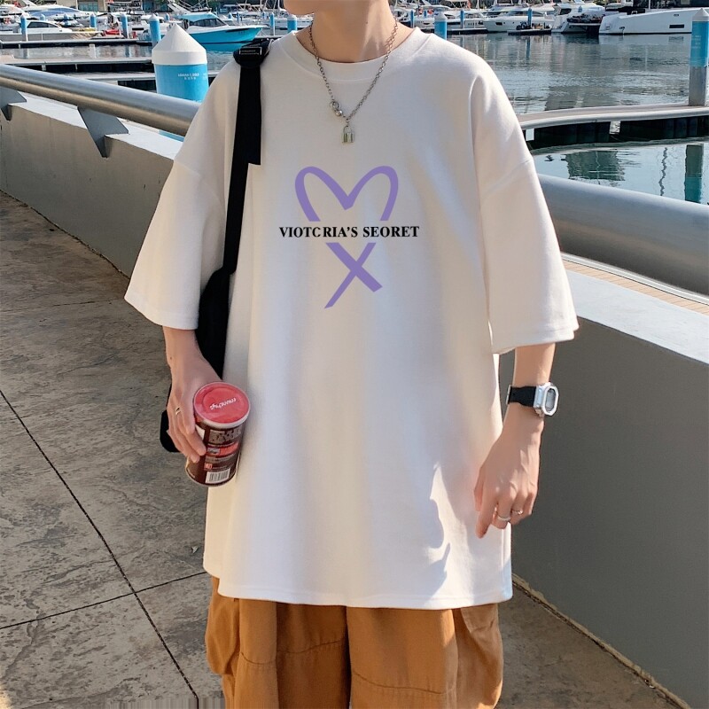 T3407P25圆领印花T恤正常配送中男港风T恤落肩款宽松T恤克莱因蓝T图片