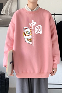 Y2414P38秋季新款港风印花圆领卫衣男潮宽松帅气百搭休闲外套,潮湖蓝棉服穿搭图片