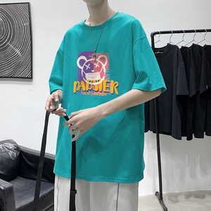T1734P25港风100%棉2022新款短袖T恤男潮牌小熊印花青春休闲