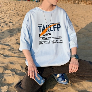 T3355P25 仓库一件起正常配送中男港风T恤落肩款宽松T恤克莱因蓝T图片