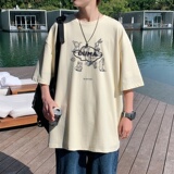 T3465男港风T恤克莱因蓝T圆领卡通英文印花T恤落肩款宽松T恤，男装T恤，星座510A-1