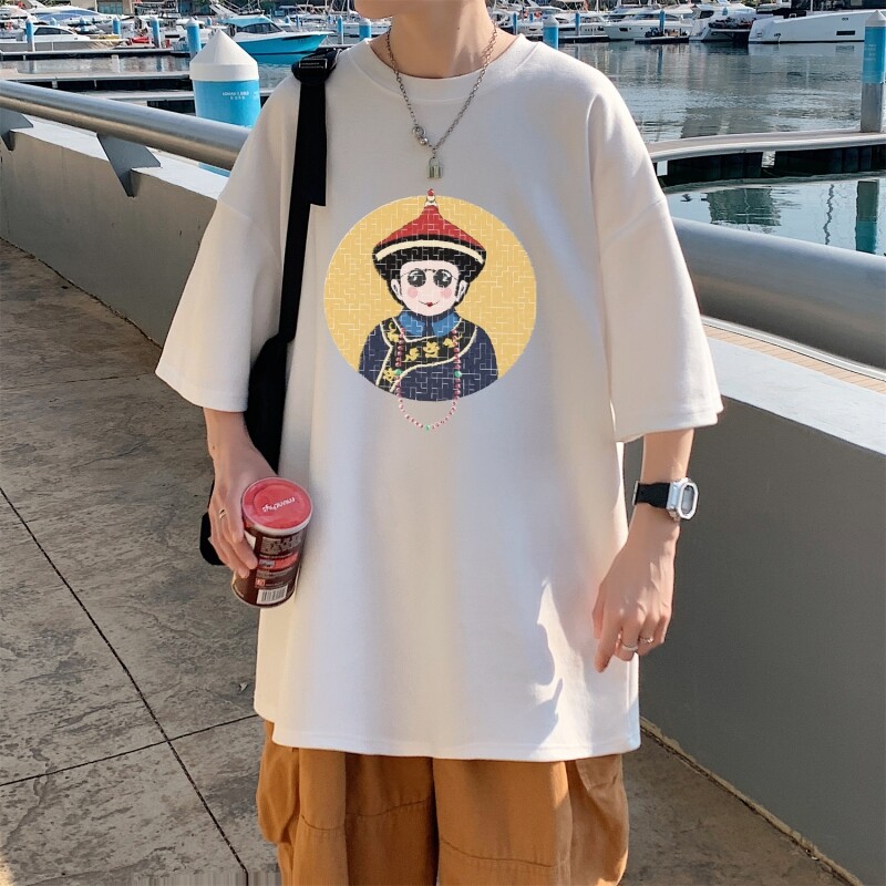 T3675P25已爆 男港风T恤克莱因蓝T圆领卡通印花T恤落肩款宽松T恤图片