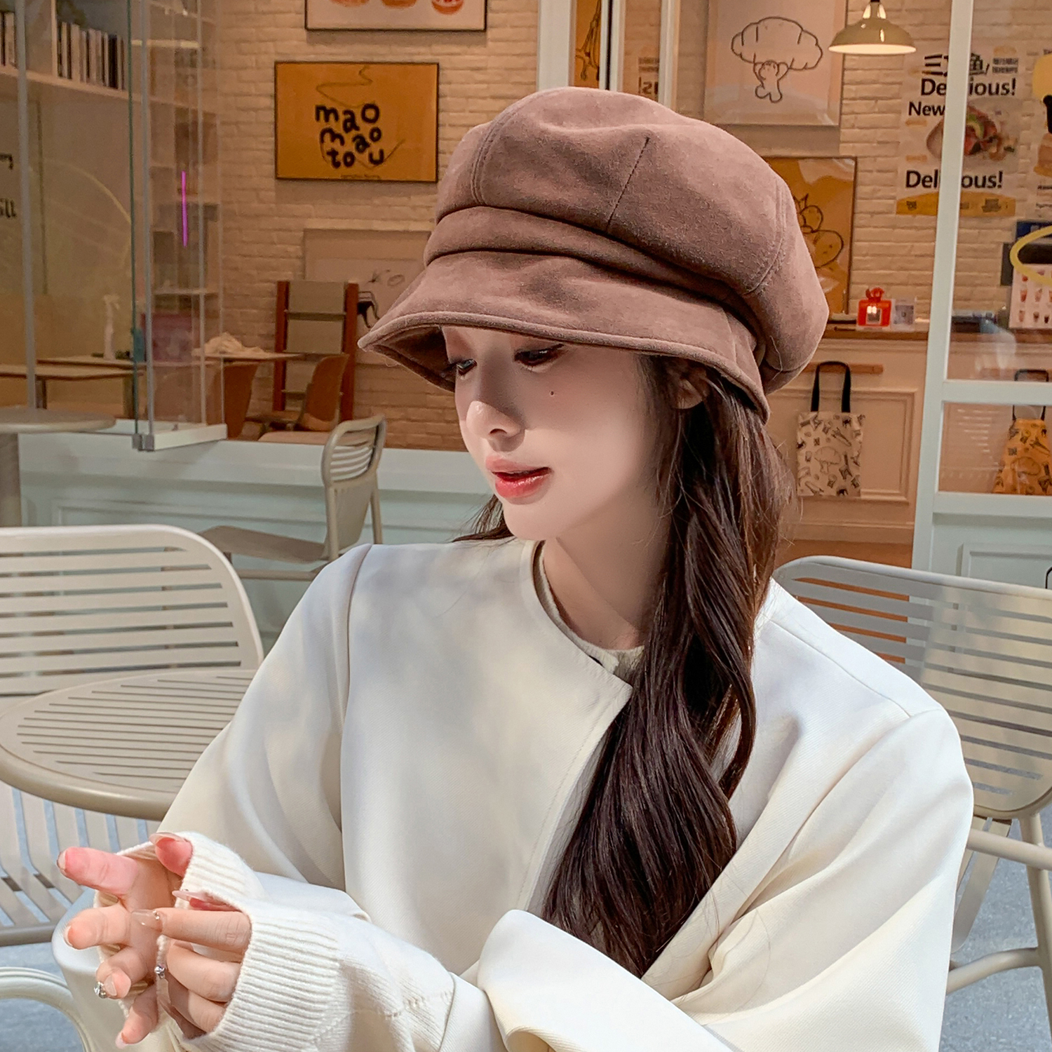 文艺复古羊皮真皮帽子女冬季保暖贝雷帽时尚百搭反绒皮韩系画家帽