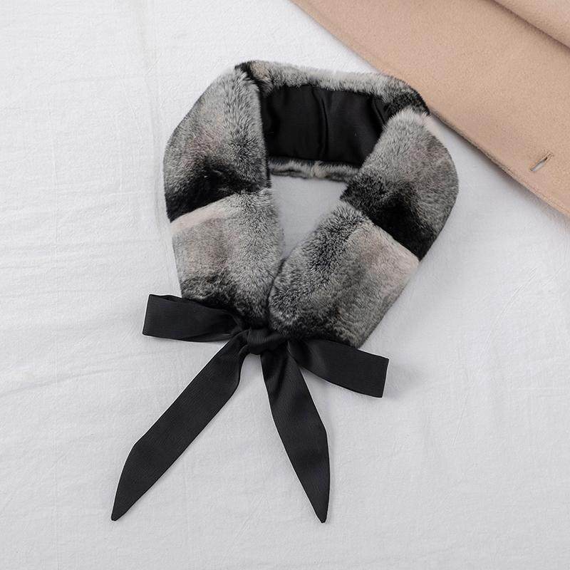 新款獭兔毛围脖冬季女护颈保暖韩版时尚皮草围巾蝴蝶结丝带款毛领