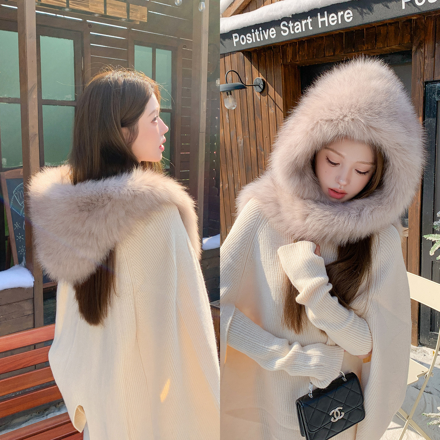 轻奢狐狸毛连帽皮草帽女冬季真毛毛风雪帽毛领帽子围巾一体仿紫貂