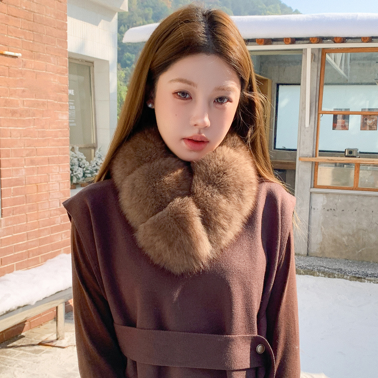 真狐狸毛围巾女高级感仿紫貂色