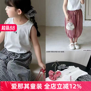 6111女童背心无袖T恤衫九分裤发圈三件套装110-150cm