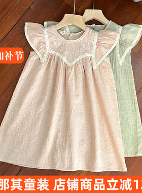 6114女童短袖连衣裙夏季棉麻裙子110-150cm