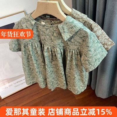 6321女童短袖上衣夏季薄款棉麻娃娃衫衬衫110-150cm