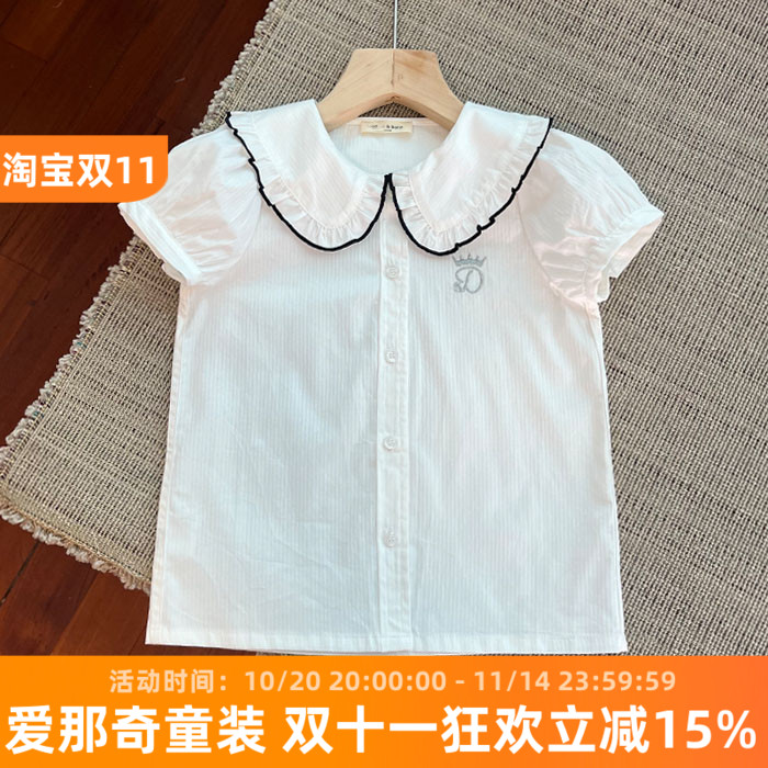女童短袖衬衫夏季女孩白色衬衣