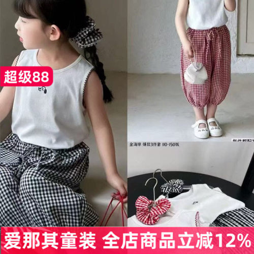 6111女童背心无袖T恤衫九分裤发圈三件套装110-150cm