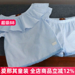 652外贸女童短袖衬衫娃娃衫上衣短裤二件套装夏季薄款 微疵