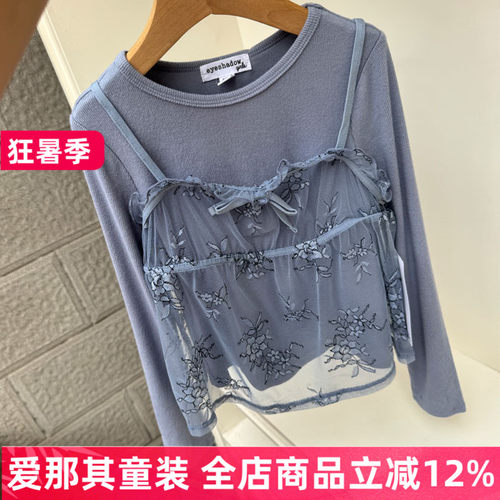 女童长袖T恤衫春秋打底衫吊带纱