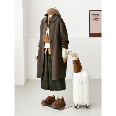 复古通勤风毛呢大衣女中长款羊毛翻领单排扣高级感百搭外套HL144