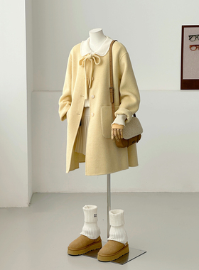 满减娃娃领蝴蝶结奶黄色毛呢大衣女中长款减龄小个子羊毛外套FS16