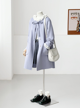 满减冬减龄韩系学院风紫色系带甜美百搭手缝绵羊毛大衣外套FS16