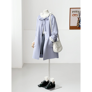 满减冬减龄韩系学院风紫色系带甜美百搭手缝绵羊毛大衣外套FS16