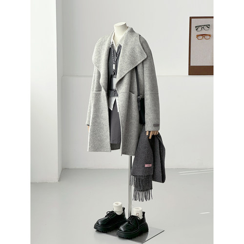 秋冬杂花灰色大翻领羊毛毛呢大衣女中长款高级感千金风外套HL91-1