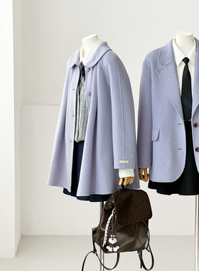 【皓雪凝霜】新山羊绒减龄学院风紫色翻领羊毛毛呢大衣外套ZX17