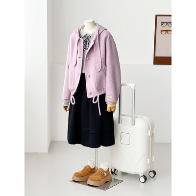 【紫芋泥兔】秋冬减龄小个子山羊绒学院连帽绵羊毛大衣外套HL153