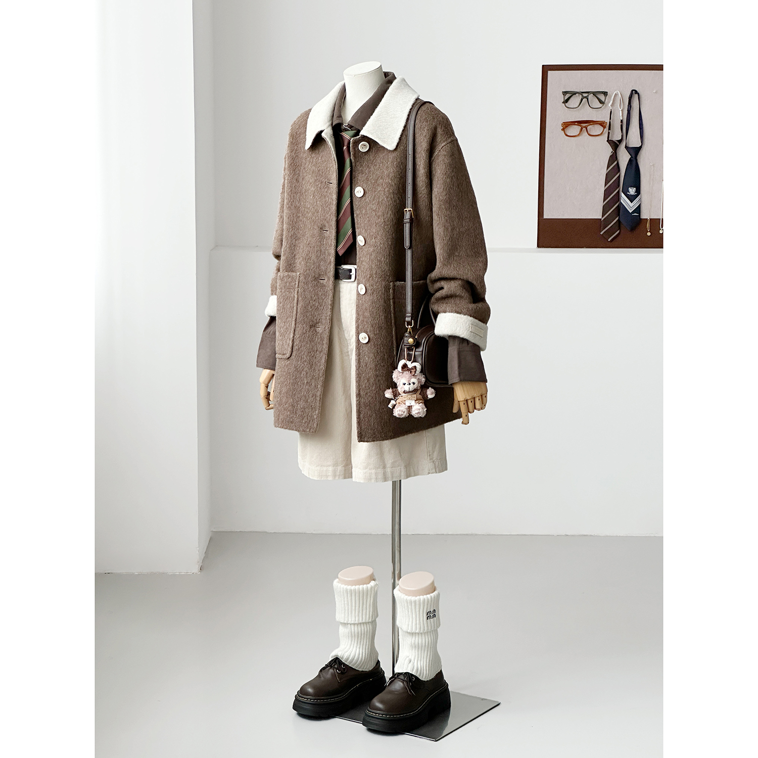 秋冬减龄小个子韩系学院风桑蚕丝百搭手缝绵羊毛大衣外套HL122