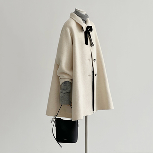 冬新千金风贵气淑女毛呢外套双面手缝羊毛大衣复古绒带小个子ZX09