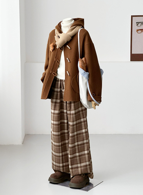 秋冬减龄栗子棕学院风连帽牛角扣可爱百搭手缝绵羊毛大衣外套FS13