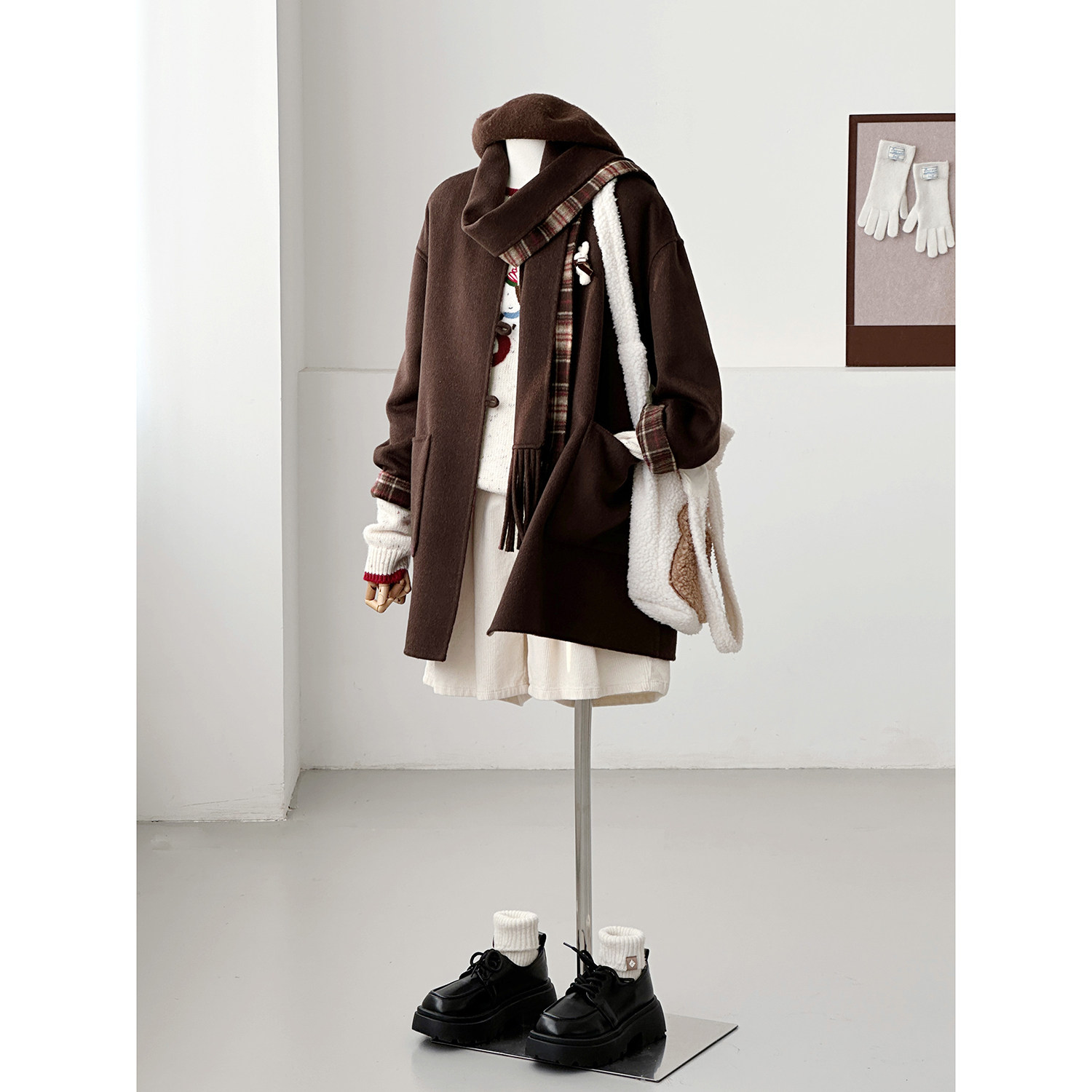 学院风圆领围巾毛呢大衣女中长款咖色两面穿百搭外套冬新款HL155