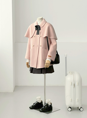 满减韩系学院风粉色毛呢斗篷外套女短款小个子减龄羊毛大衣HL135