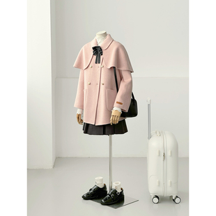 满减韩系学院风粉色毛呢斗篷外套女短款小个子减龄羊毛大衣HL135