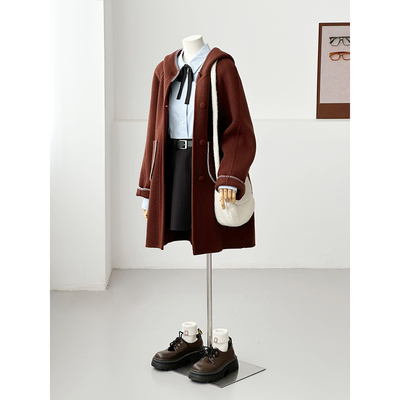 秋冬学院风连帽毛呢大衣女中长款棕色减龄小个子百搭外套FS09