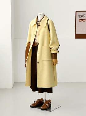 秋冬OL娃娃领学院风翻领毛呢大衣女长款奶黄色百搭减龄外套HL102