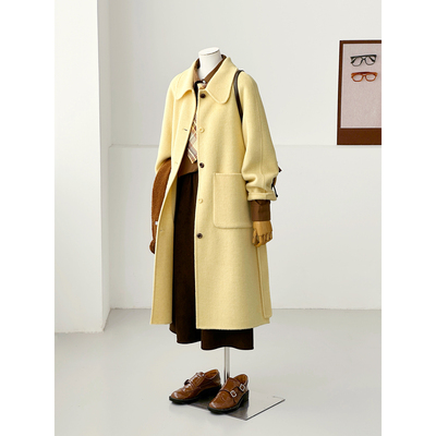 秋冬OL娃娃领学院风翻领毛呢大衣女长款奶黄色百搭减龄外套HL102