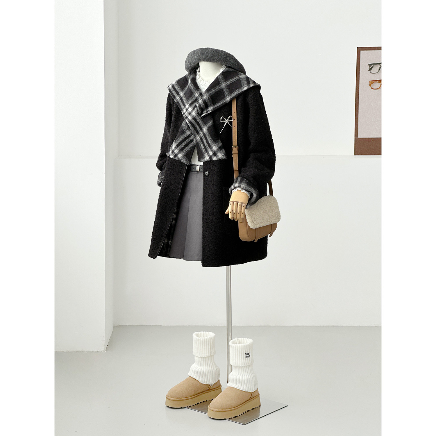 韩系学院黑色围巾领毛呢大衣女中长款格纹翻领减龄百搭外套HL162
