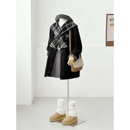 韩系学院黑色围巾领毛呢大衣女中长款格纹翻领减龄百搭外套HL162