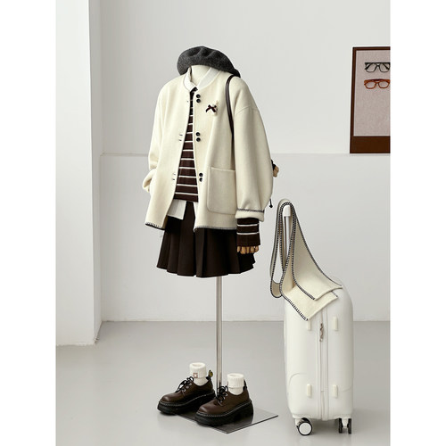 学院风圆领羊毛毛呢大衣女带围巾显瘦小个子外套FS06