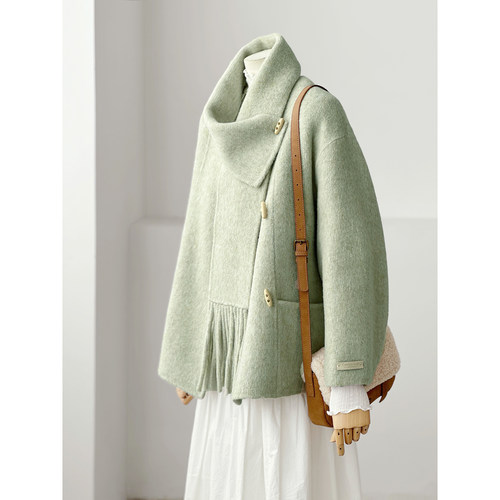 秋冬减龄韩系学院风绿色围巾领百搭手缝绵羊毛大衣外套HL149