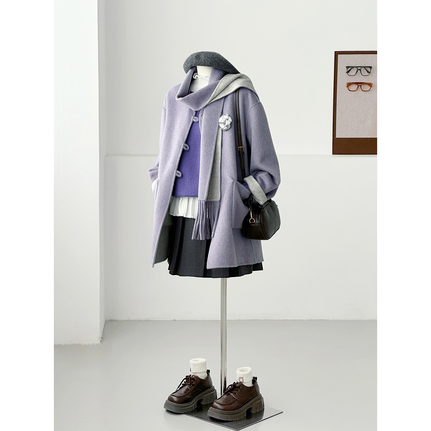 韩系学院风紫色流苏围巾毛呢外套女中长款减龄百搭羊毛大衣HL155