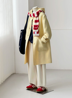 【锡兰霜森】休闲减龄奶黄色学院风连帽羊毛毛呢大衣外套HL111