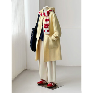 【锡兰霜森】休闲减龄奶黄色学院连帽羊毛毛呢大衣外套HL111